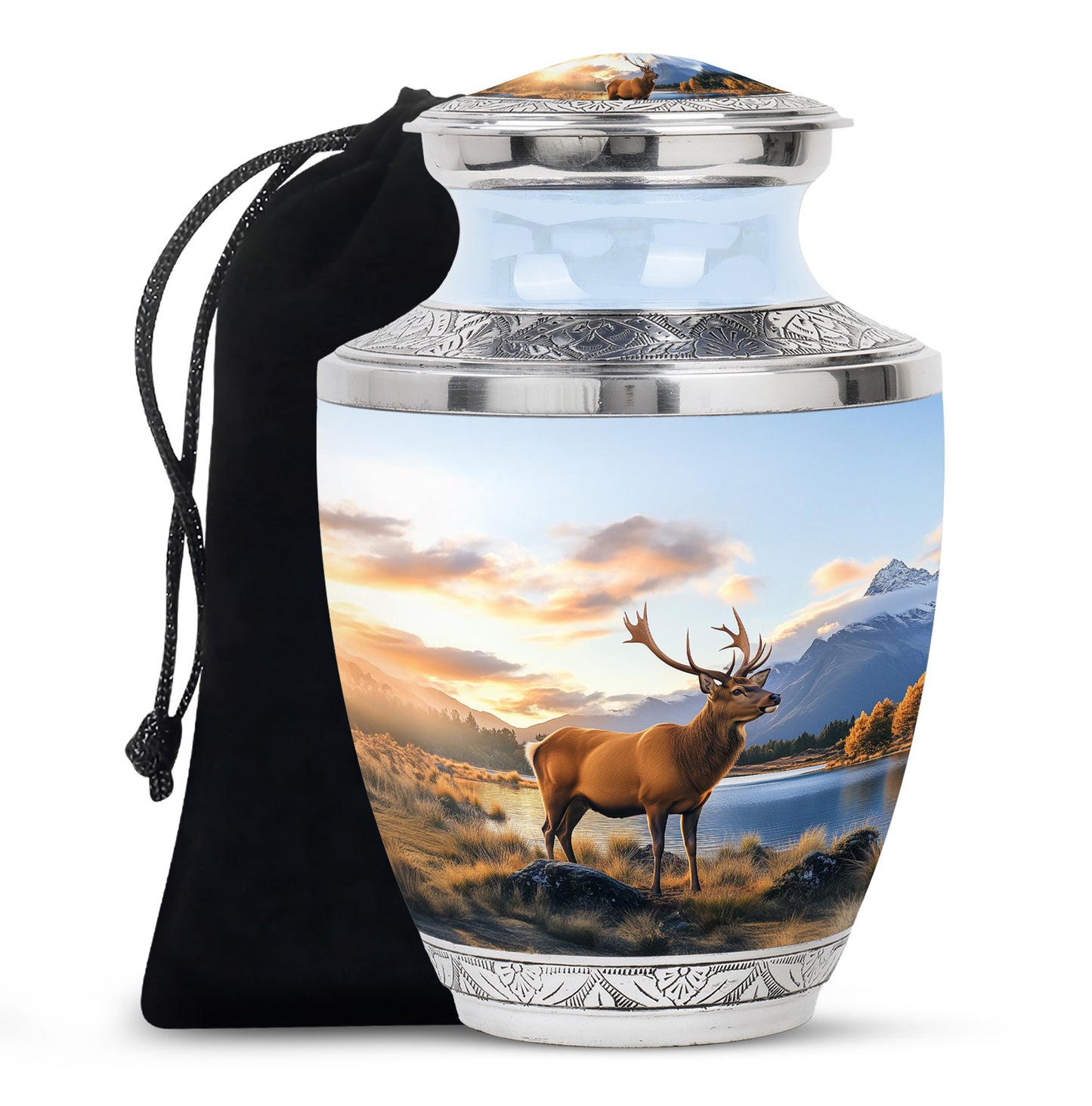 Powder Blue Deer Cremation Urn side profile showing urn shape - contemporary deer design with modern artistic flair - full-size 10 inch 200 cubic inch adult cremation urn