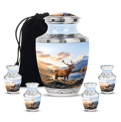 Serene Blue Deer Cremation Urn lifestyle display on memorial shelf - stylized abstract deer pattern with bold lines - memorial set with one large and four small urns