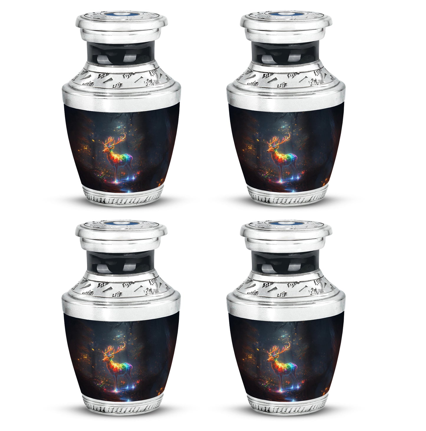 Slate Blue Deer Cremation Urn back view with polished surface - modern art-inspired deer motif on sleek aluminum - 10 inch aluminum urn for cremated remains