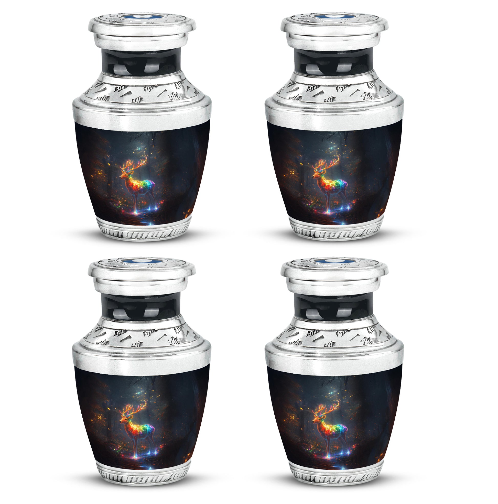 Slate Blue Deer Cremation Urn back view with polished surface - modern art-inspired deer motif on sleek aluminum - 10 inch aluminum urn for cremated remains