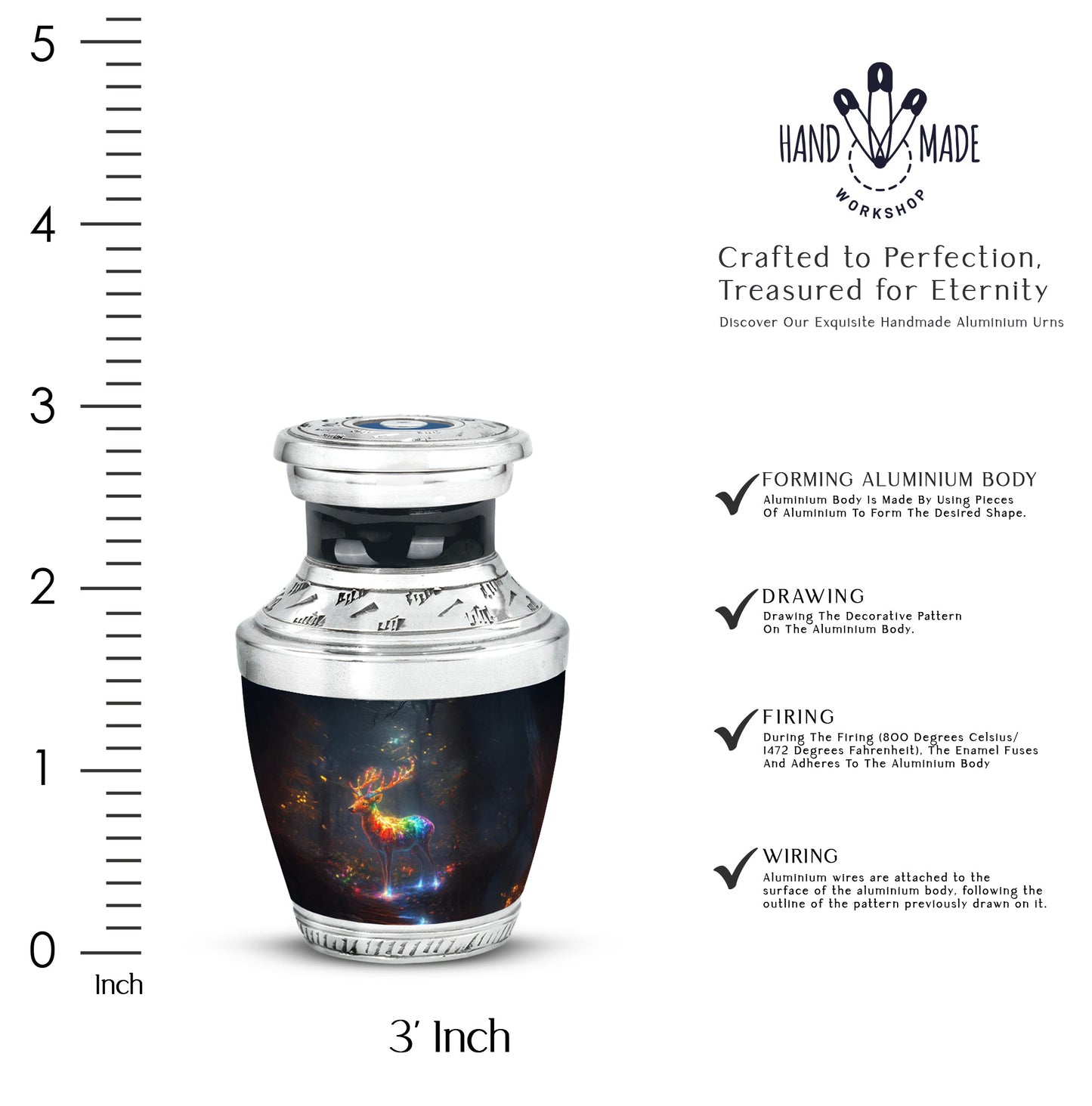 Misty Blue Deer Cremation Urn top-down view of secure threaded lid - modern art-inspired deer motif on sleek aluminum - mini keepsake memorial for portion of cremation ashes