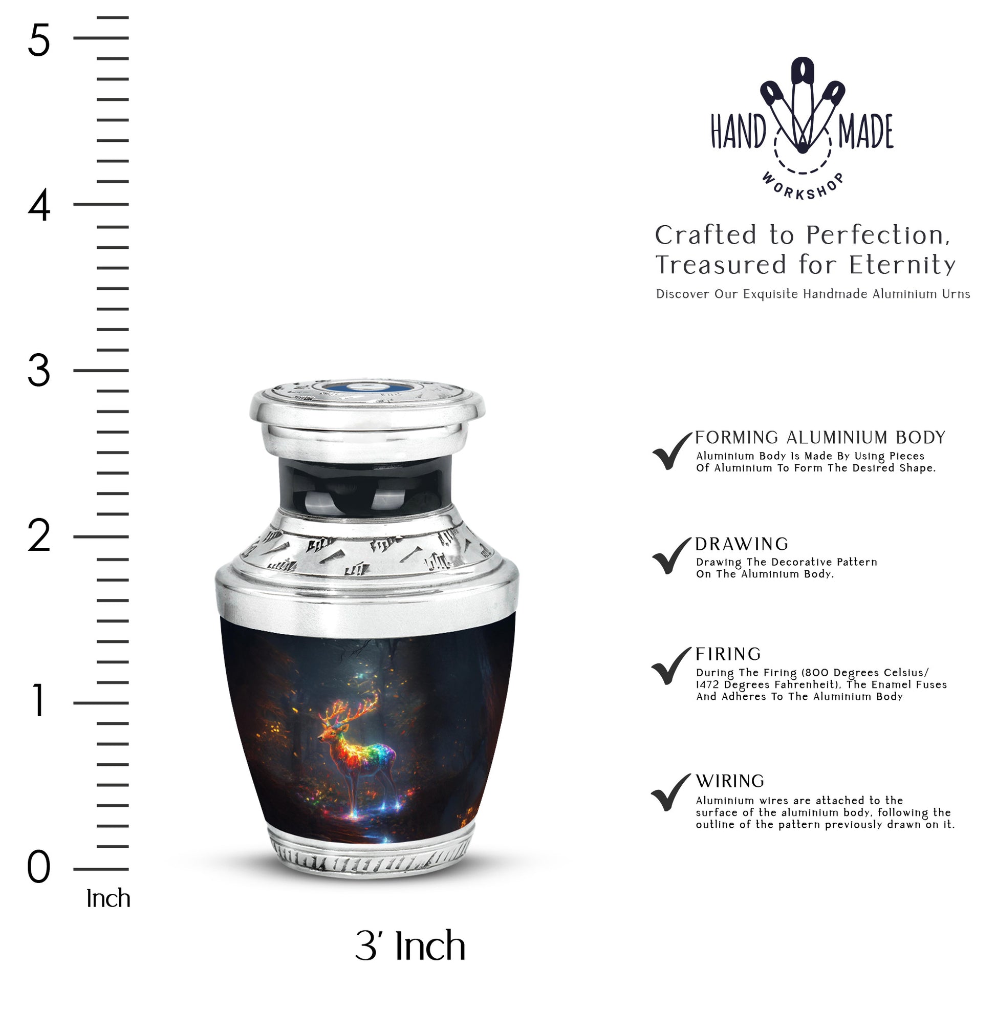 Misty Blue Deer Cremation Urn top-down view of secure threaded lid - modern art-inspired deer motif on sleek aluminum - mini keepsake memorial for portion of cremation ashes