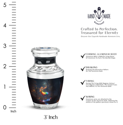 Misty Blue Deer Cremation Urn top-down view of secure threaded lid - modern art-inspired deer motif on sleek aluminum - mini keepsake memorial for portion of cremation ashes