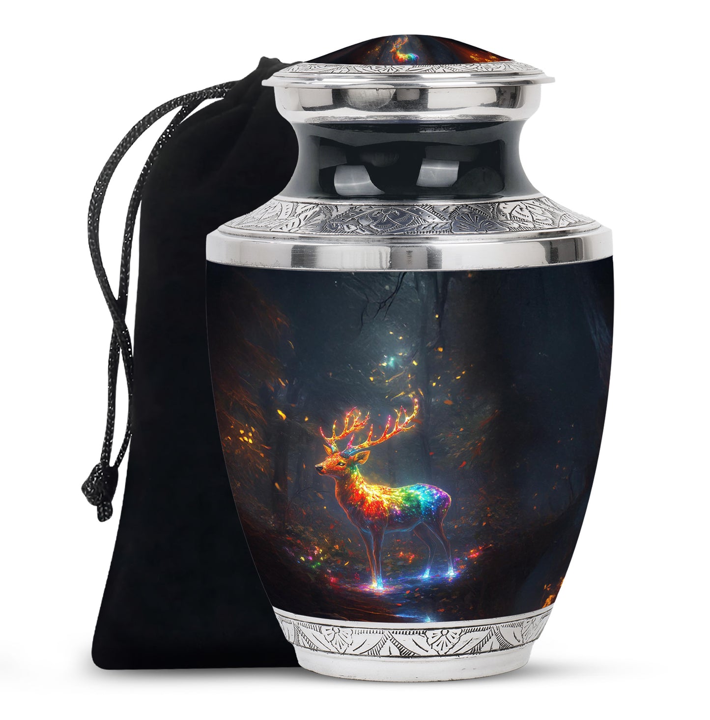 Bright Blue Deer Cremation Urn side profile showing urn shape - artistic deer interpretation with creative detail - full-size 10 inch 200 cubic inch adult cremation urn