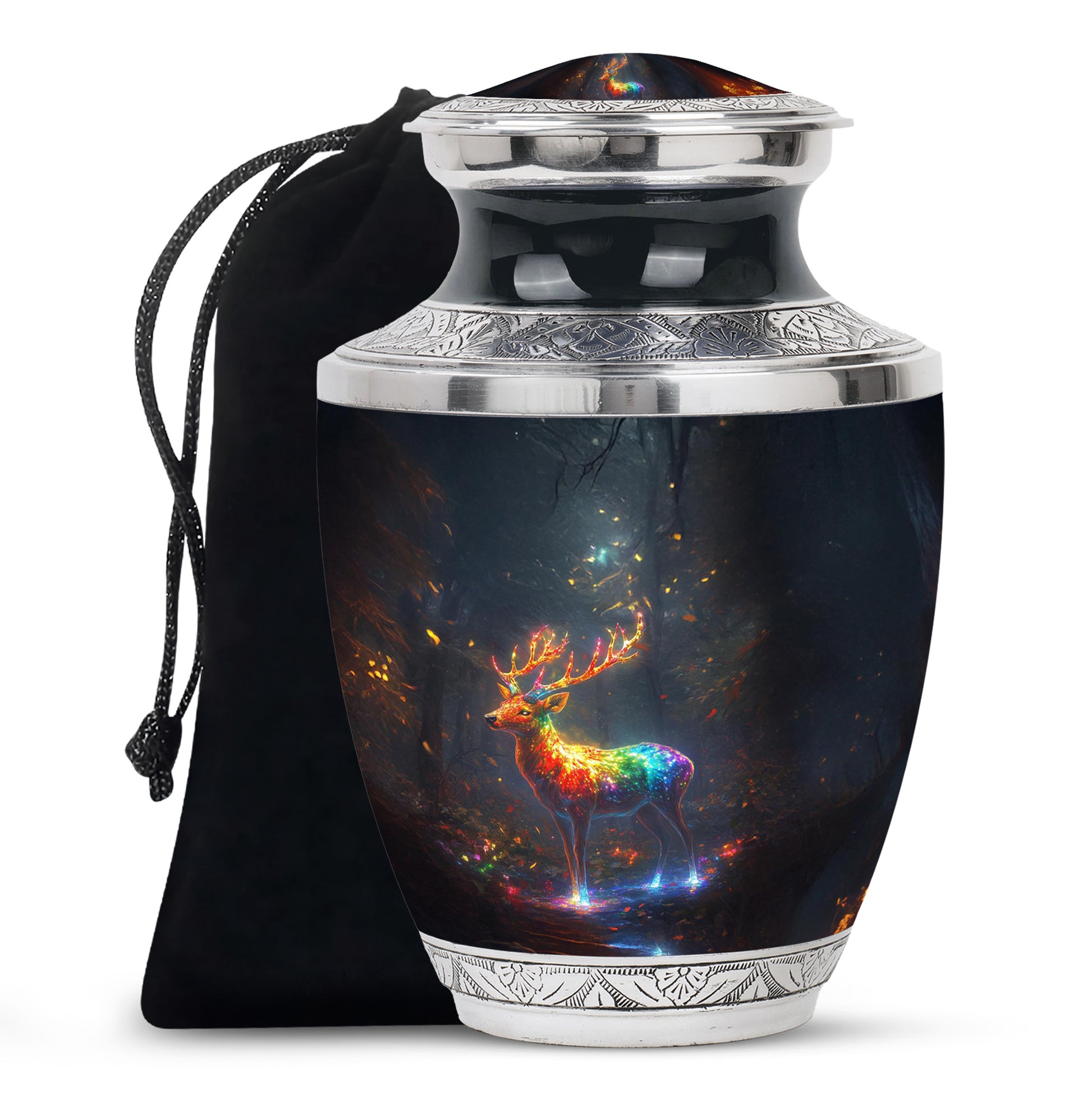 Bright Blue Deer Cremation Urn side profile showing urn shape - artistic deer interpretation with creative detail - full-size 10 inch 200 cubic inch adult cremation urn