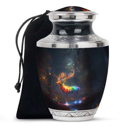 Bright Blue Deer Cremation Urn side profile showing urn shape - artistic deer interpretation with creative detail - full-size 10 inch 200 cubic inch adult cremation urn