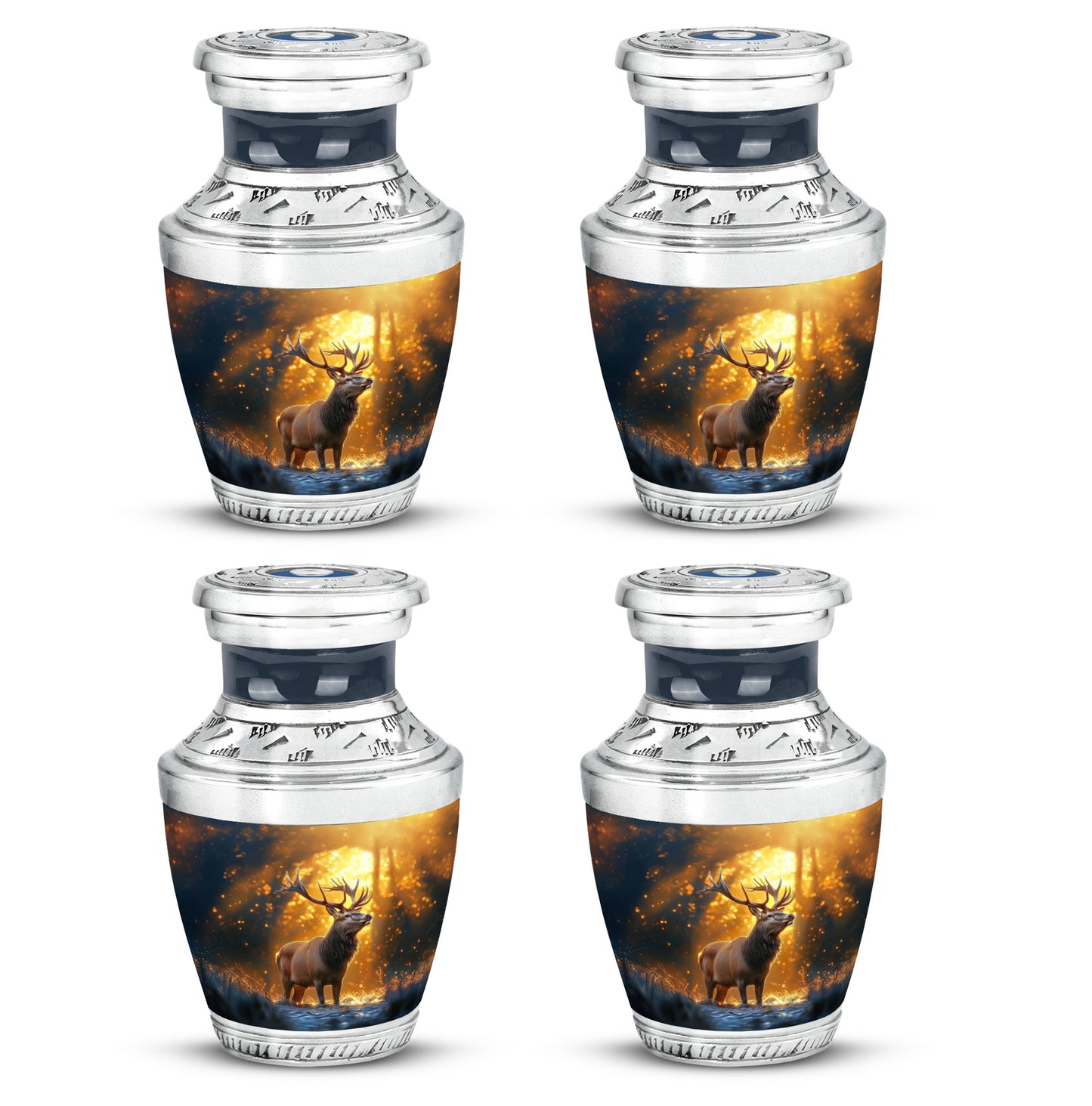 Antique Gold Deer Cremation Urn back view with polished surface - modern art-inspired deer motif on sleek aluminum - 10 inch aluminum urn for cremated remains