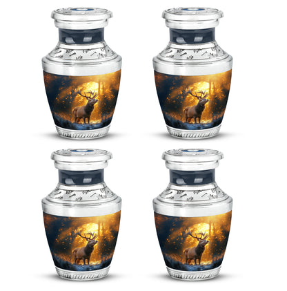 Antique Gold Deer Cremation Urn back view with polished surface - modern art-inspired deer motif on sleek aluminum - 10 inch aluminum urn for cremated remains