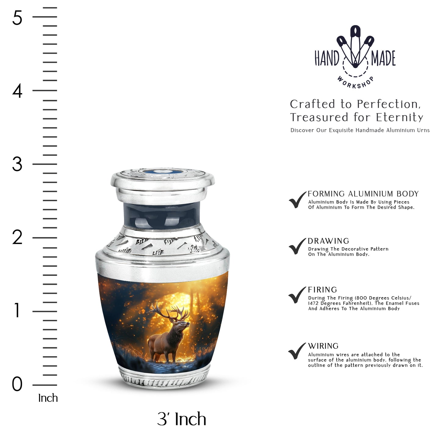 Matte Gold Deer Cremation Urn top-down view of secure threaded lid - artistic deer interpretation with creative detail - mini keepsake memorial for portion of cremation ashes