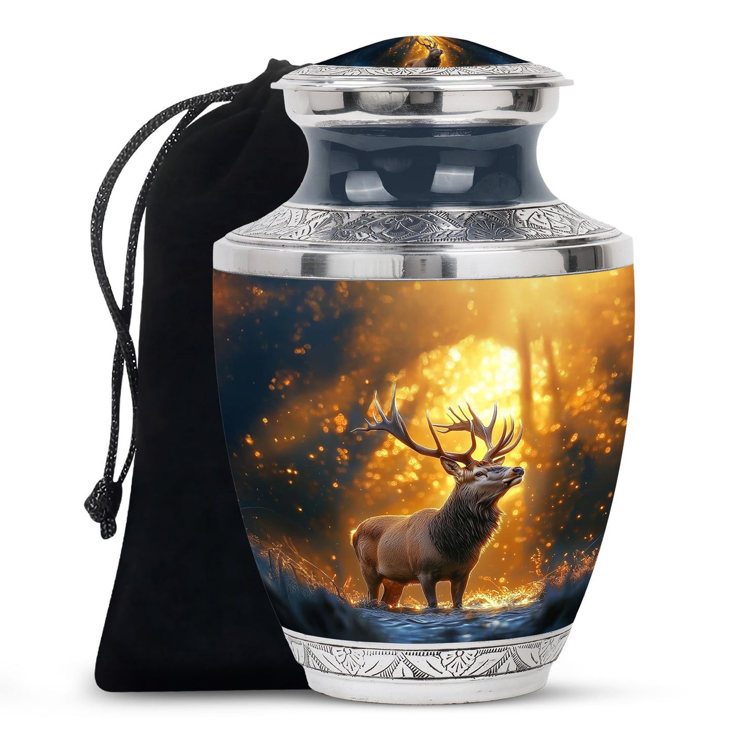 Royal Gold Deer Cremation Urn side profile showing urn shape - stylized abstract deer pattern with bold lines - full-size 10 inch 200 cubic inch adult cremation urn
