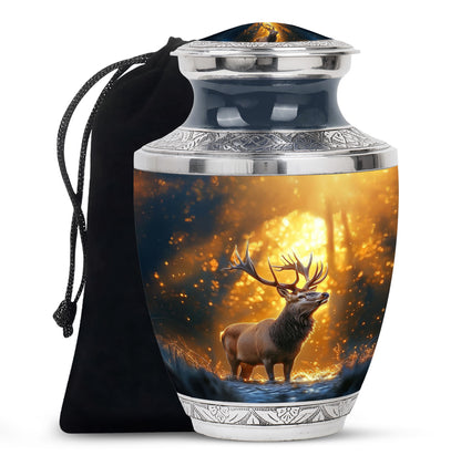 Royal Gold Deer Cremation Urn side profile showing urn shape - stylized abstract deer pattern with bold lines - full-size 10 inch 200 cubic inch adult cremation urn