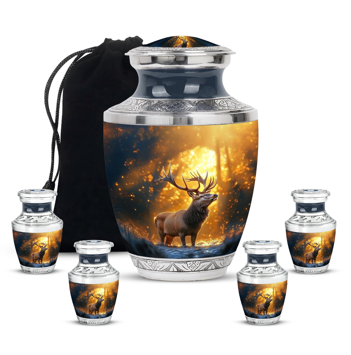 Gilded Gold Deer Cremation Urn lifestyle display on memorial shelf - modern art-inspired deer motif on sleek aluminum - memorial set with one large and four small urns