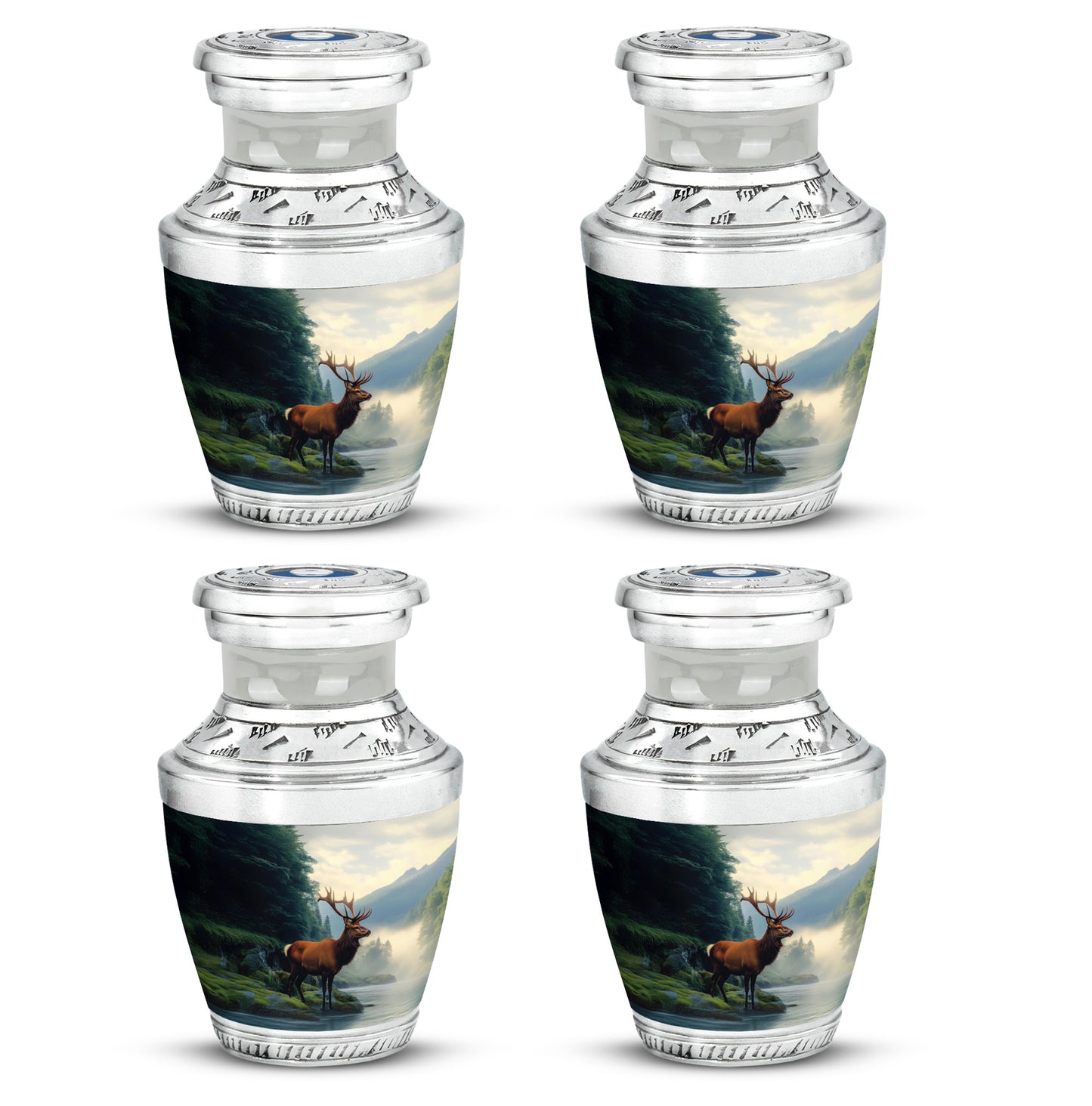Soft Blue Deer Cremation Urn back view with polished surface - stylized abstract deer pattern with bold lines - 10 inch aluminum urn for cremated remains