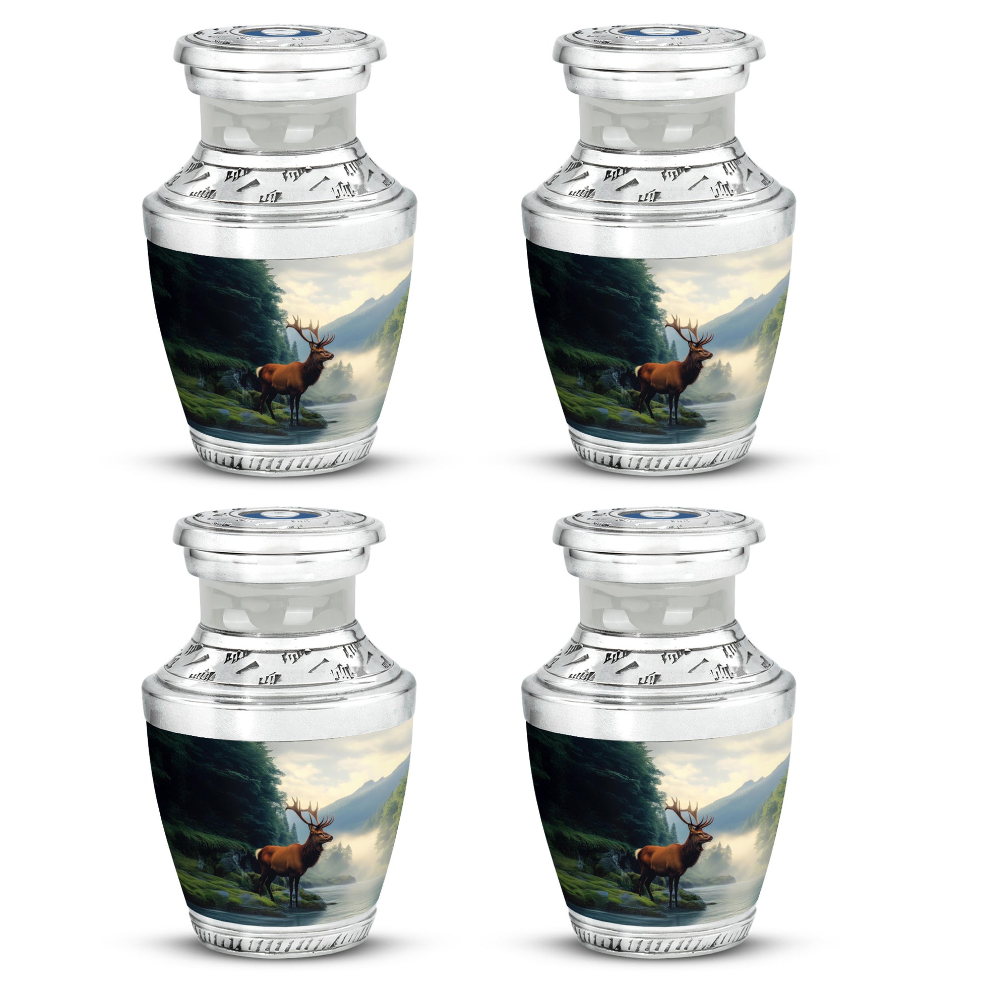 Soft Blue Deer Cremation Urn back view with polished surface - stylized abstract deer pattern with bold lines - 10 inch aluminum urn for cremated remains