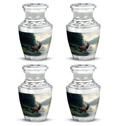 Soft Blue Deer Cremation Urn back view with polished surface - stylized abstract deer pattern with bold lines - 10 inch aluminum urn for cremated remains