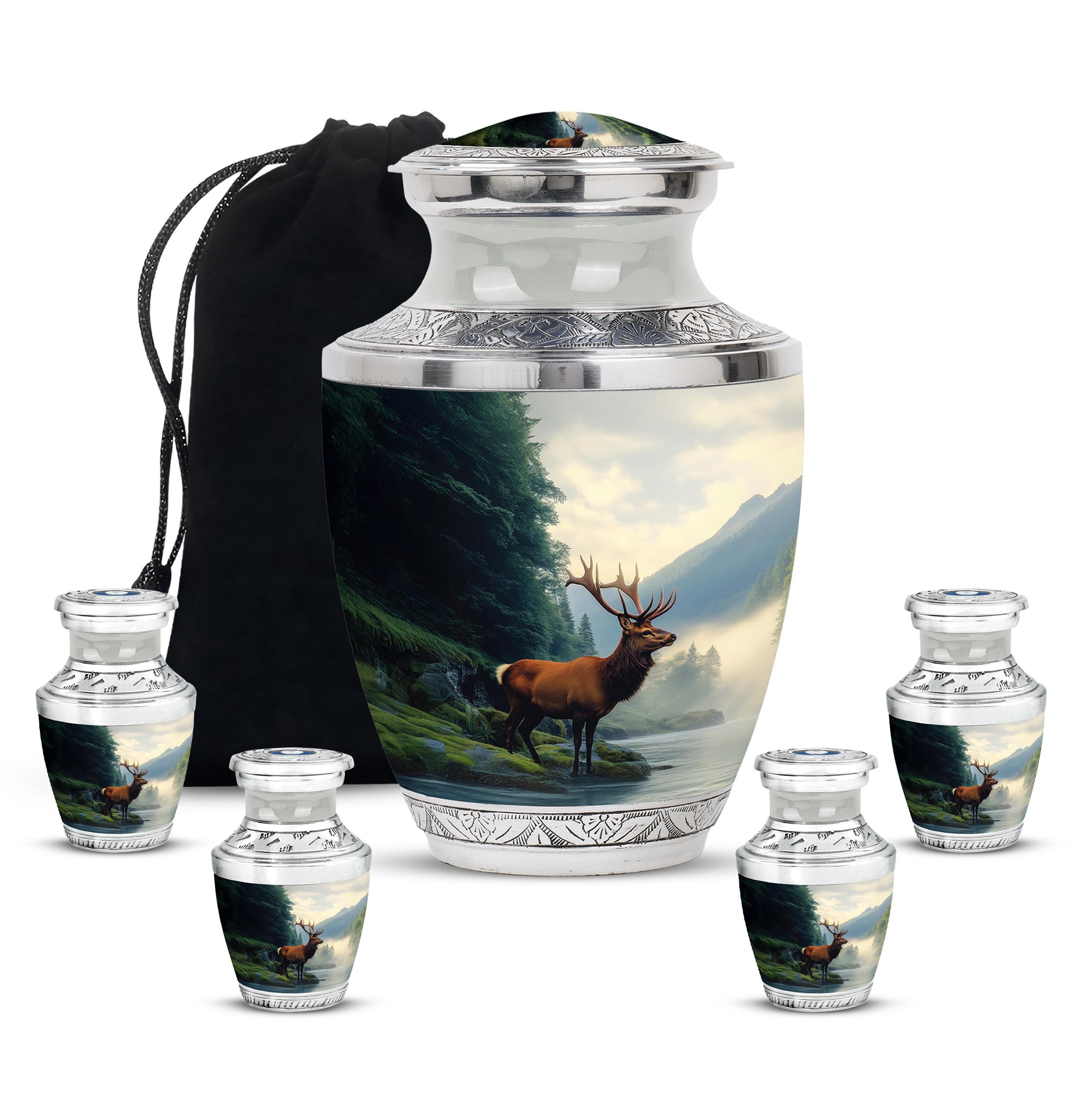 Powder Blue Deer Cremation Urn lifestyle display on memorial shelf - contemporary deer design with modern artistic flair - memorial set with one large and four small urns