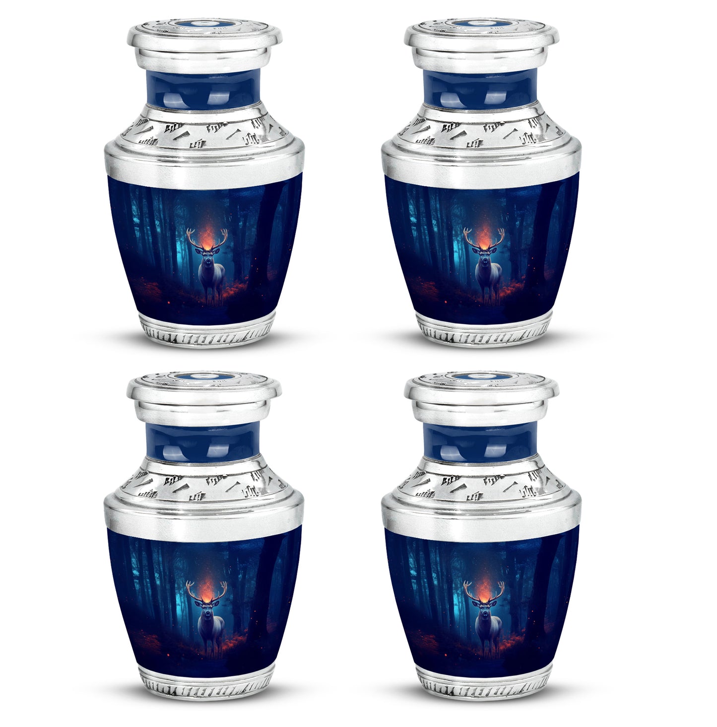 Cobalt Blue Deer Cremation Urn back view with polished surface - stylized abstract deer pattern with bold lines - 10 inch aluminum urn for cremated remains