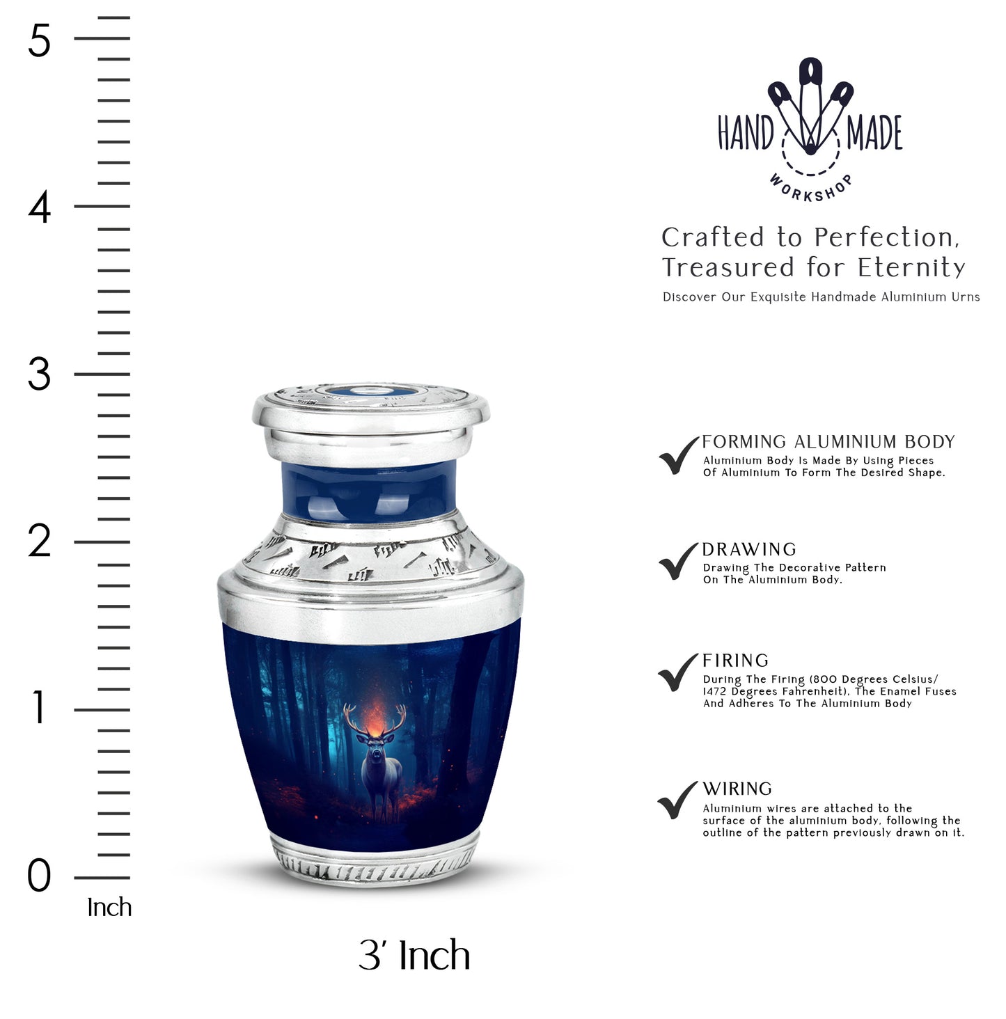 Dusty Blue Deer Cremation Urn top-down view of secure threaded lid - modern art-inspired deer motif on sleek aluminum - mini keepsake memorial for portion of cremation ashes