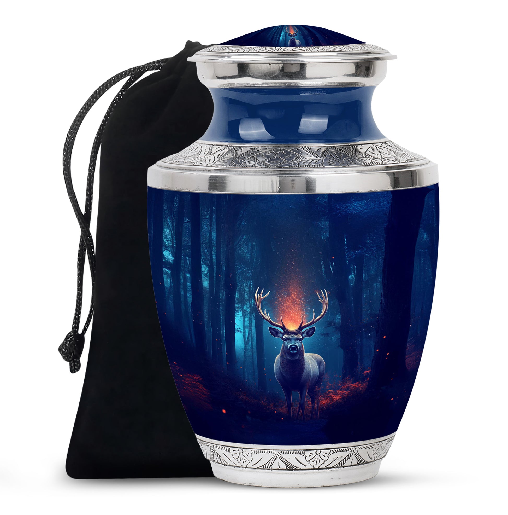 Powder Blue Deer Cremation Urn side profile showing urn shape - modern art-inspired deer motif on sleek aluminum - full-size 10 inch 200 cubic inch adult cremation urn