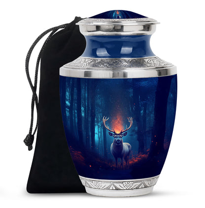 Powder Blue Deer Cremation Urn side profile showing urn shape - modern art-inspired deer motif on sleek aluminum - full-size 10 inch 200 cubic inch adult cremation urn