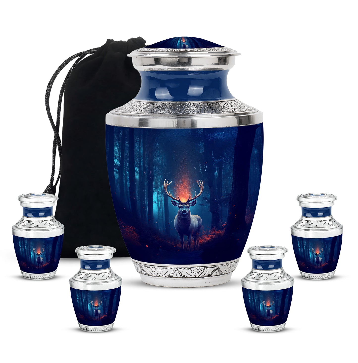 Vivid Blue Deer Cremation Urn lifestyle display on memorial shelf - stylized abstract deer pattern with bold lines - memorial set with one large and four small urns