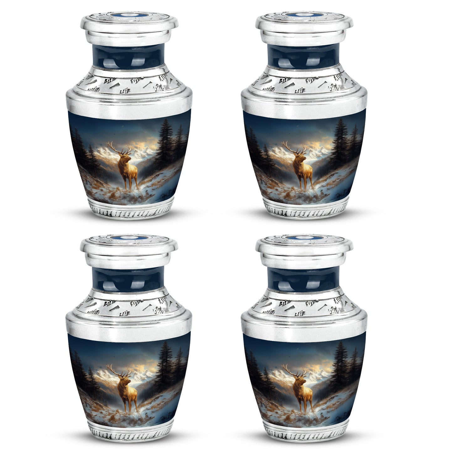 Soft Blue Deer Cremation Urn back view with polished surface - artistic deer interpretation with creative detail - 10 inch aluminum urn for cremated remains