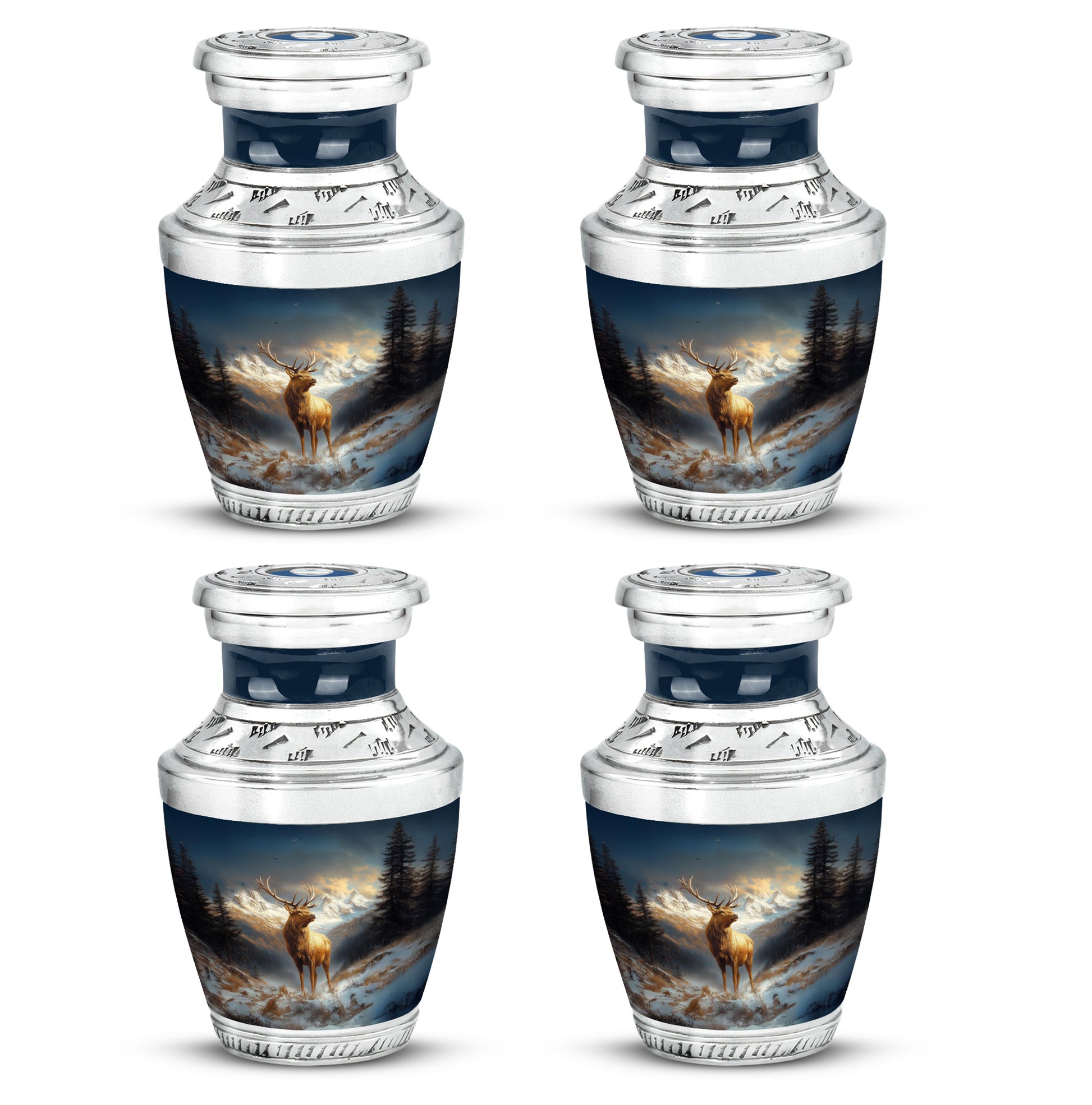 Soft Blue Deer Cremation Urn back view with polished surface - artistic deer interpretation with creative detail - 10 inch aluminum urn for cremated remains