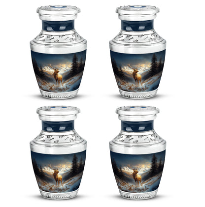 Soft Blue Deer Cremation Urn back view with polished surface - artistic deer interpretation with creative detail - 10 inch aluminum urn for cremated remains