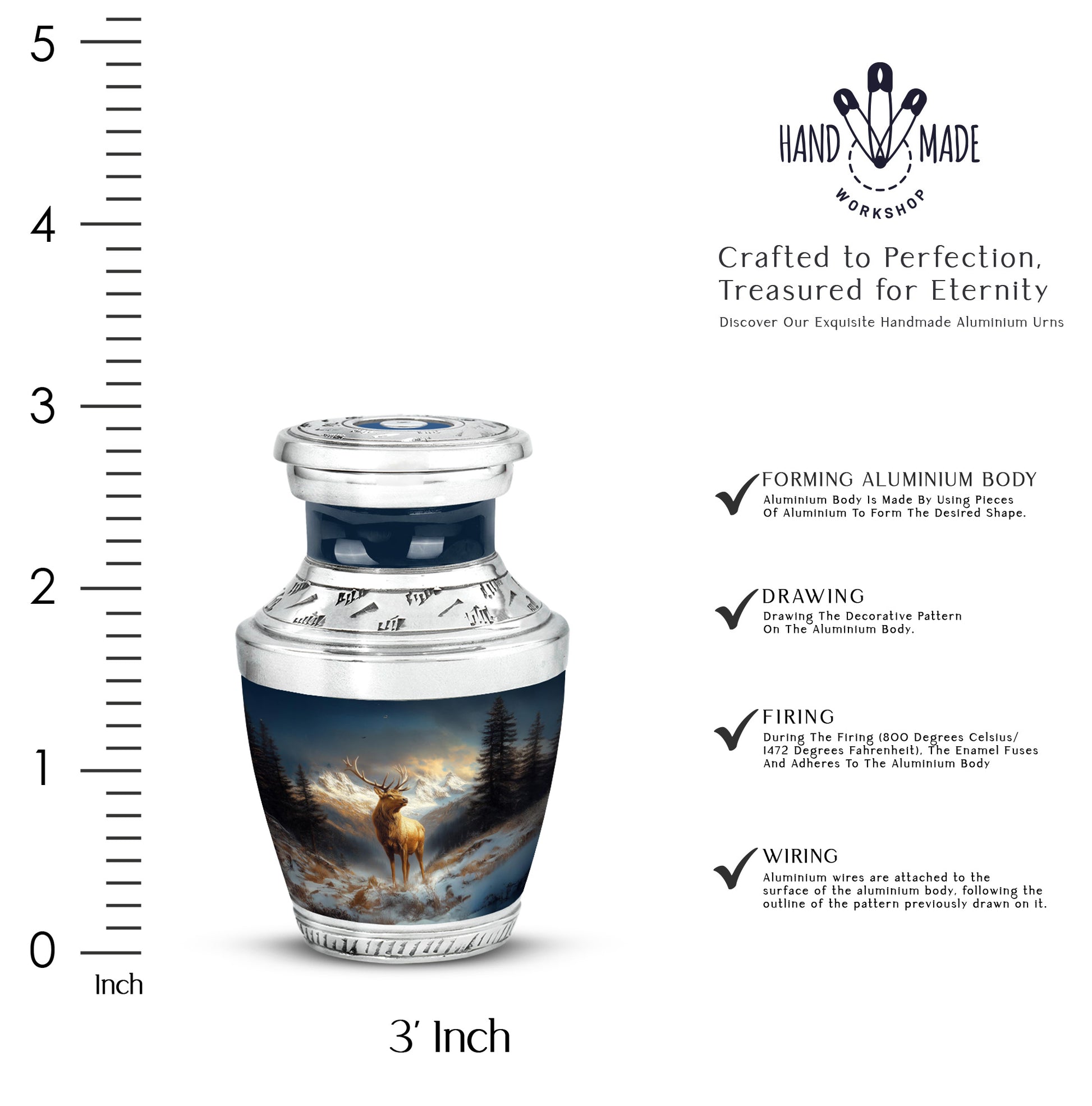 Steel Blue Deer Cremation Urn top-down view of secure threaded lid - stylized abstract deer pattern with bold lines - mini keepsake memorial for portion of cremation ashes