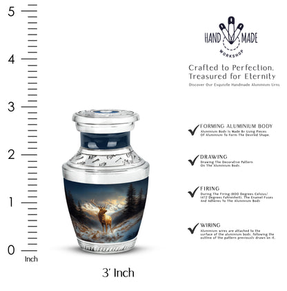 Steel Blue Deer Cremation Urn top-down view of secure threaded lid - stylized abstract deer pattern with bold lines - mini keepsake memorial for portion of cremation ashes