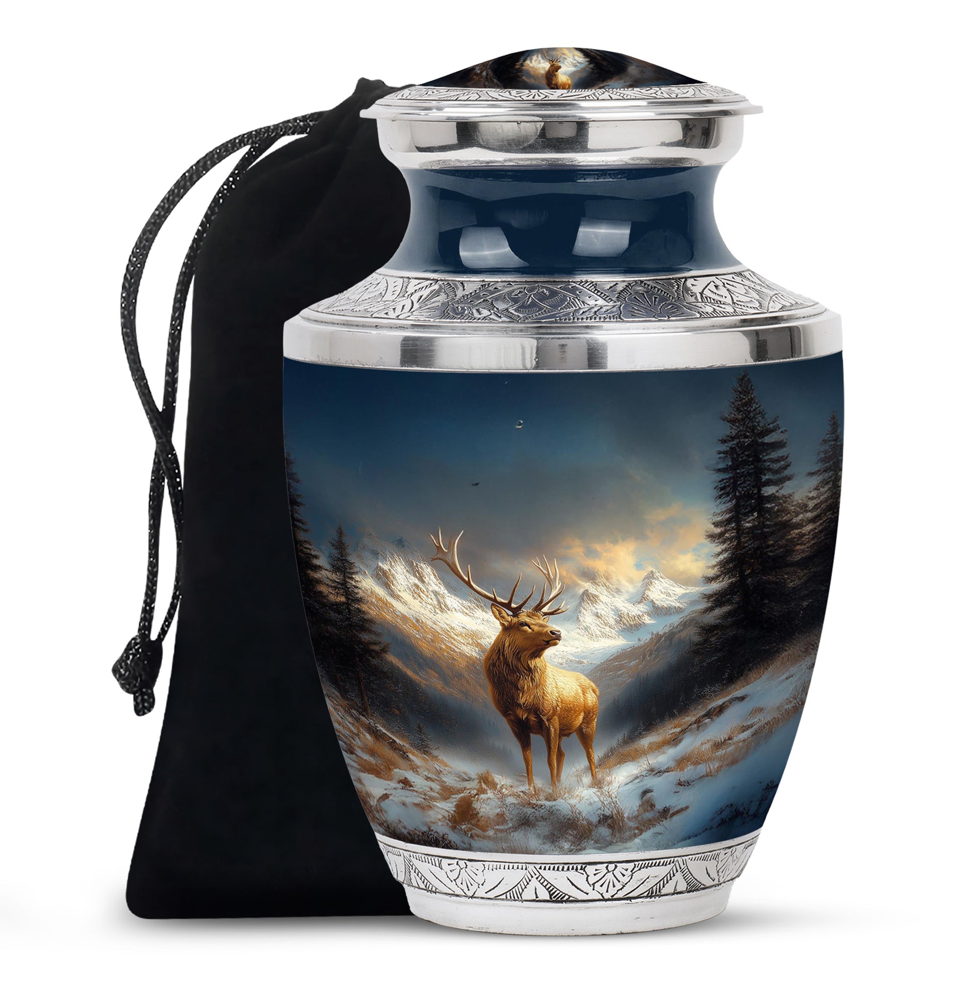 Pastel Blue Deer Cremation Urn side profile showing urn shape - modern art-inspired deer motif on sleek aluminum - full-size 10 inch 200 cubic inch adult cremation urn