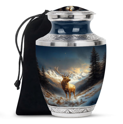 Pastel Blue Deer Cremation Urn side profile showing urn shape - modern art-inspired deer motif on sleek aluminum - full-size 10 inch 200 cubic inch adult cremation urn
