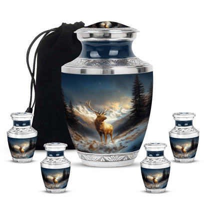 Indigo Deer Cremation Urn lifestyle display on memorial shelf - contemporary deer design with modern artistic flair - memorial set with one large and four small urns