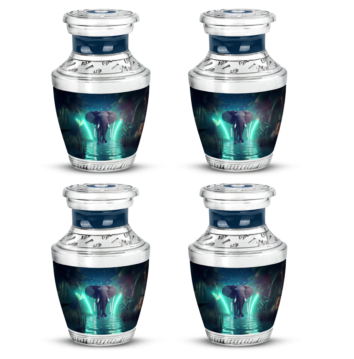 Vivid Blue Elephant Cremation Urn back view with polished surface - stylized abstract elephant pattern with bold lines - 10 inch aluminum urn for cremated remains