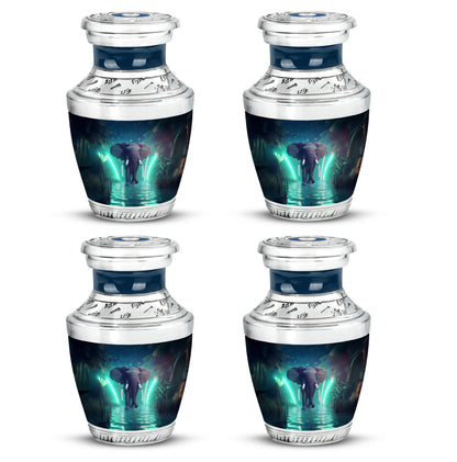 Vivid Blue Elephant Cremation Urn back view with polished surface - stylized abstract elephant pattern with bold lines - 10 inch aluminum urn for cremated remains