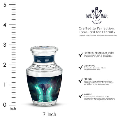Calming Blue Elephant Cremation Urn top-down view of secure threaded lid - stylized abstract elephant pattern with bold lines - mini keepsake memorial for portion of cremation ashes