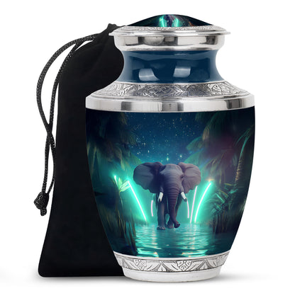 Celestial Blue Elephant Cremation Urn side profile showing urn shape - modern art-inspired elephant motif on sleek aluminum - full-size 10 inch 200 cubic inch adult cremation urn