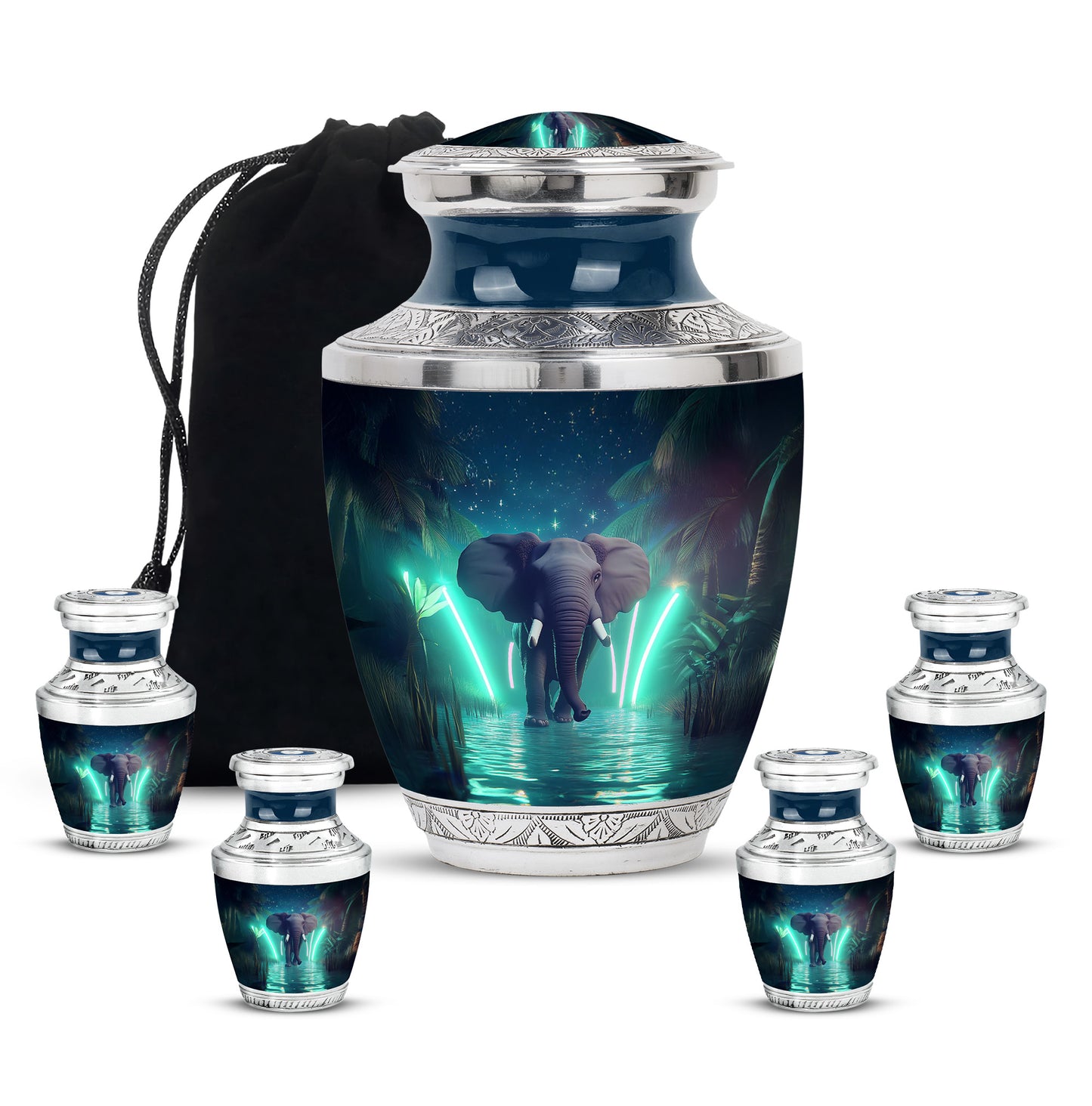 Pastel Blue Elephant Cremation Urn lifestyle display on memorial shelf - contemporary elephant design with modern artistic flair - memorial set with one large and four small urns