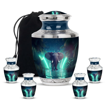 Pastel Blue Elephant Cremation Urn lifestyle display on memorial shelf - contemporary elephant design with modern artistic flair - memorial set with one large and four small urns