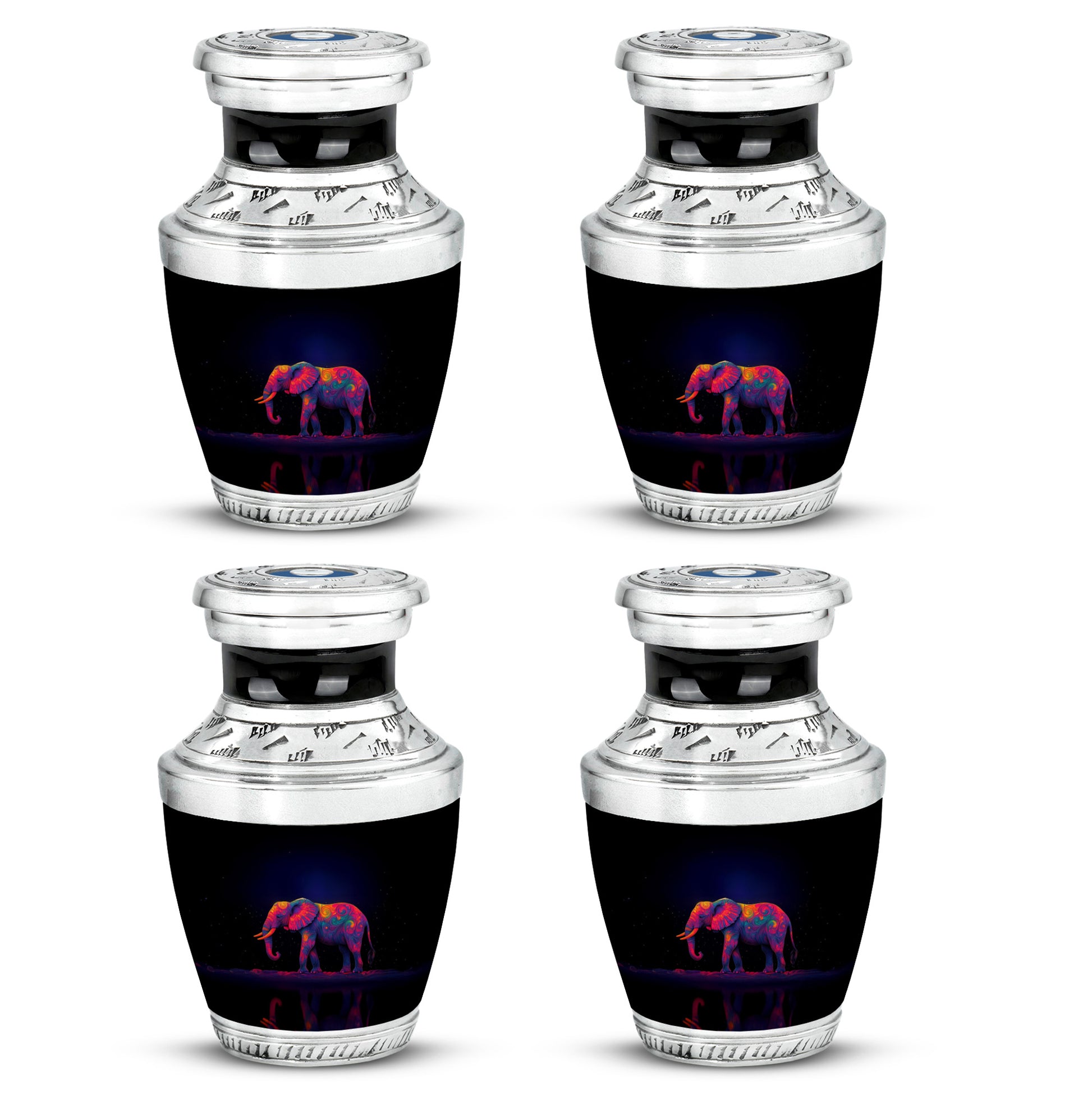 Sky Blue Elephant Cremation Urn back view with polished surface - modern art-inspired elephant motif on sleek aluminum - 10 inch aluminum urn for cremated remains