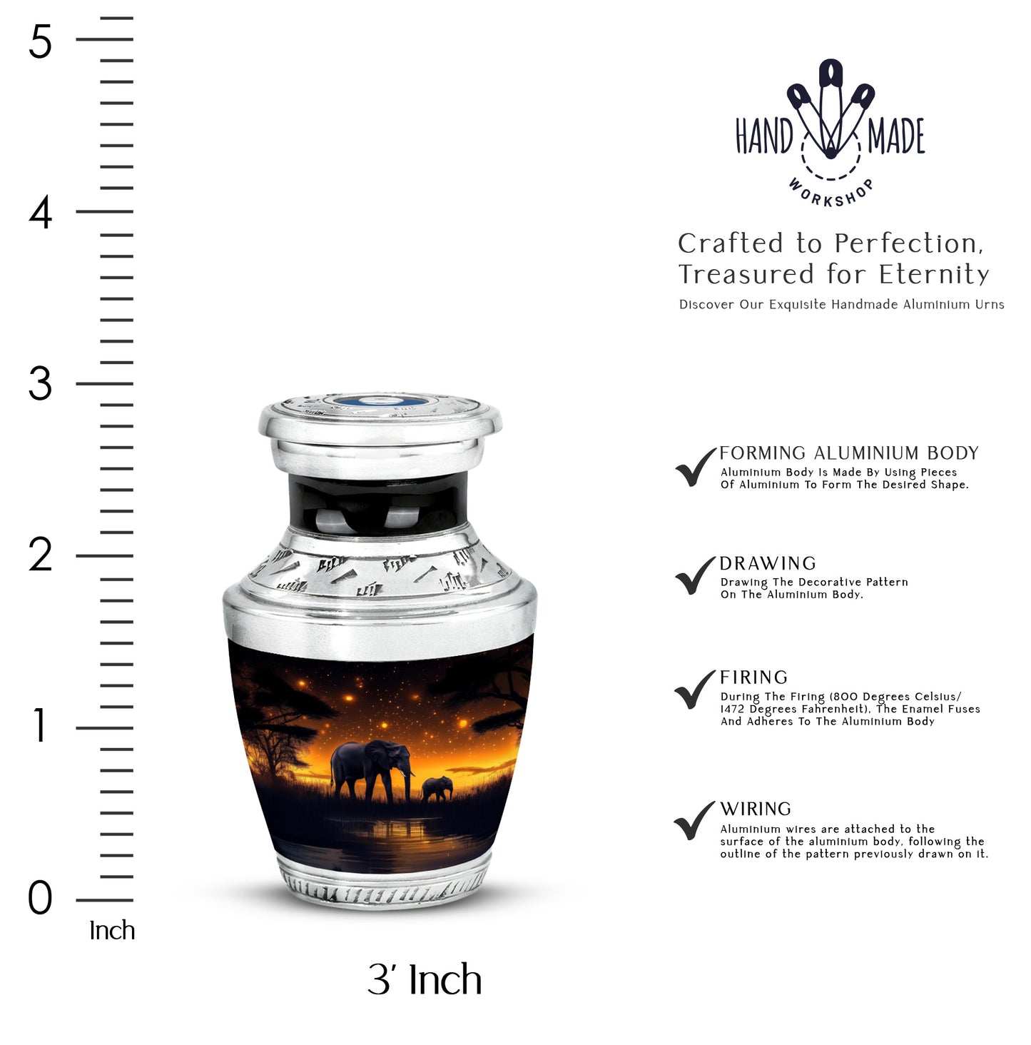 Charcoal Black Elephant Cremation Urn top-down view of secure threaded lid - stylized abstract elephant pattern with bold lines - mini keepsake memorial for portion of cremation ashes