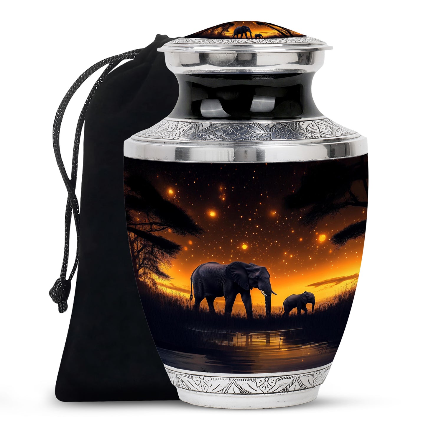 Jet Black Elephant Cremation Urn side profile showing urn shape - modern art-inspired elephant motif on sleek aluminum - full-size 10 inch 200 cubic inch adult cremation urn