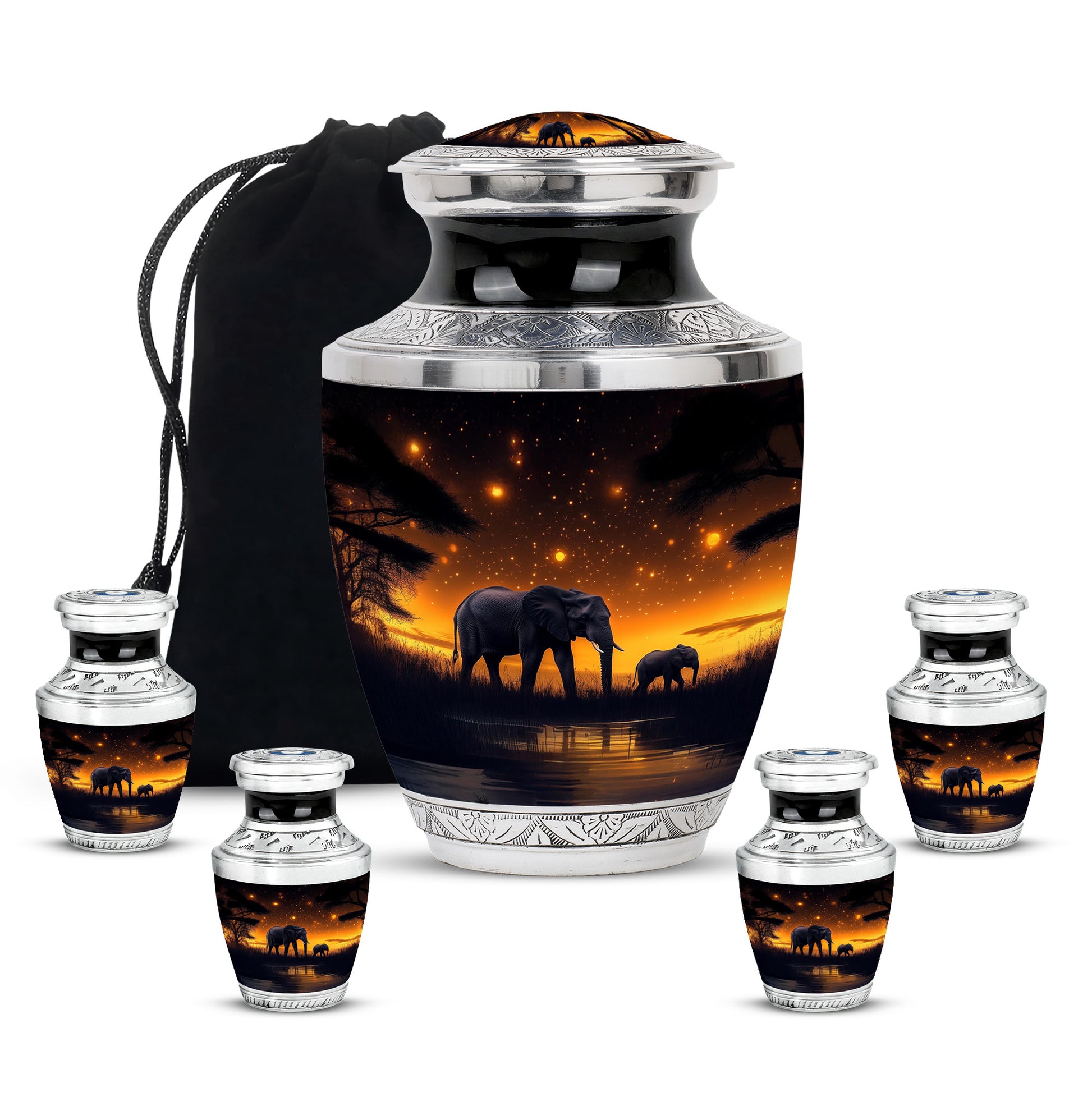 Jet Black Elephant Cremation Urn lifestyle display on memorial shelf - contemporary elephant design with modern artistic flair - memorial set with one large and four small urns