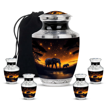 Jet Black Elephant Cremation Urn lifestyle display on memorial shelf - contemporary elephant design with modern artistic flair - memorial set with one large and four small urns