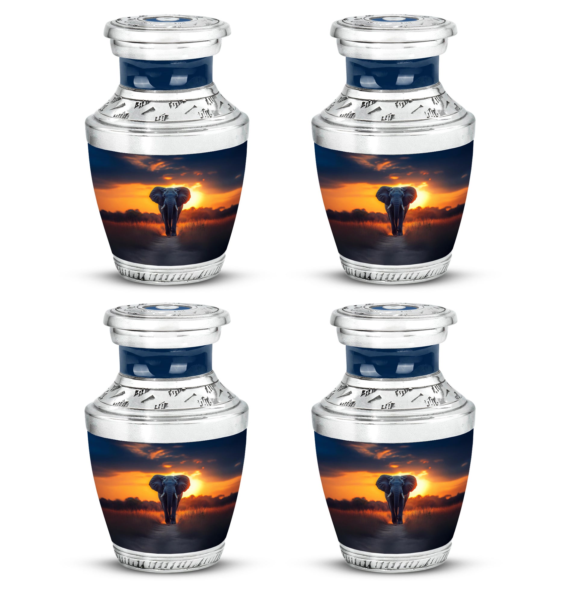 Misty Blue Elephant Cremation Urn back view with polished surface - contemporary elephant design with modern artistic flair - 10 inch aluminum urn for cremated remains