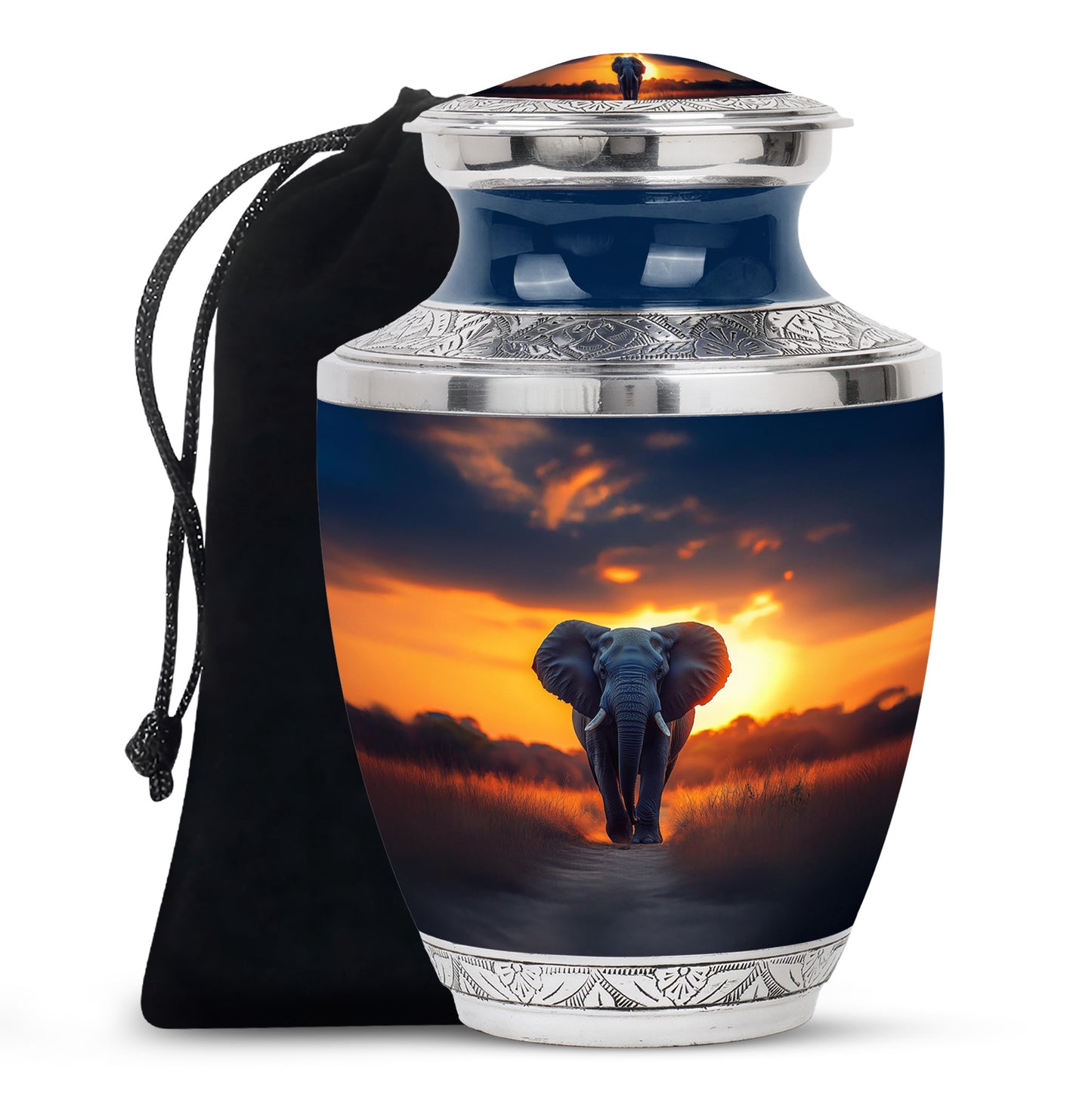 Sapphire Blue Elephant Cremation Urn side profile showing urn shape - artistic elephant interpretation with creative detail - full-size 10 inch 200 cubic inch adult cremation urn