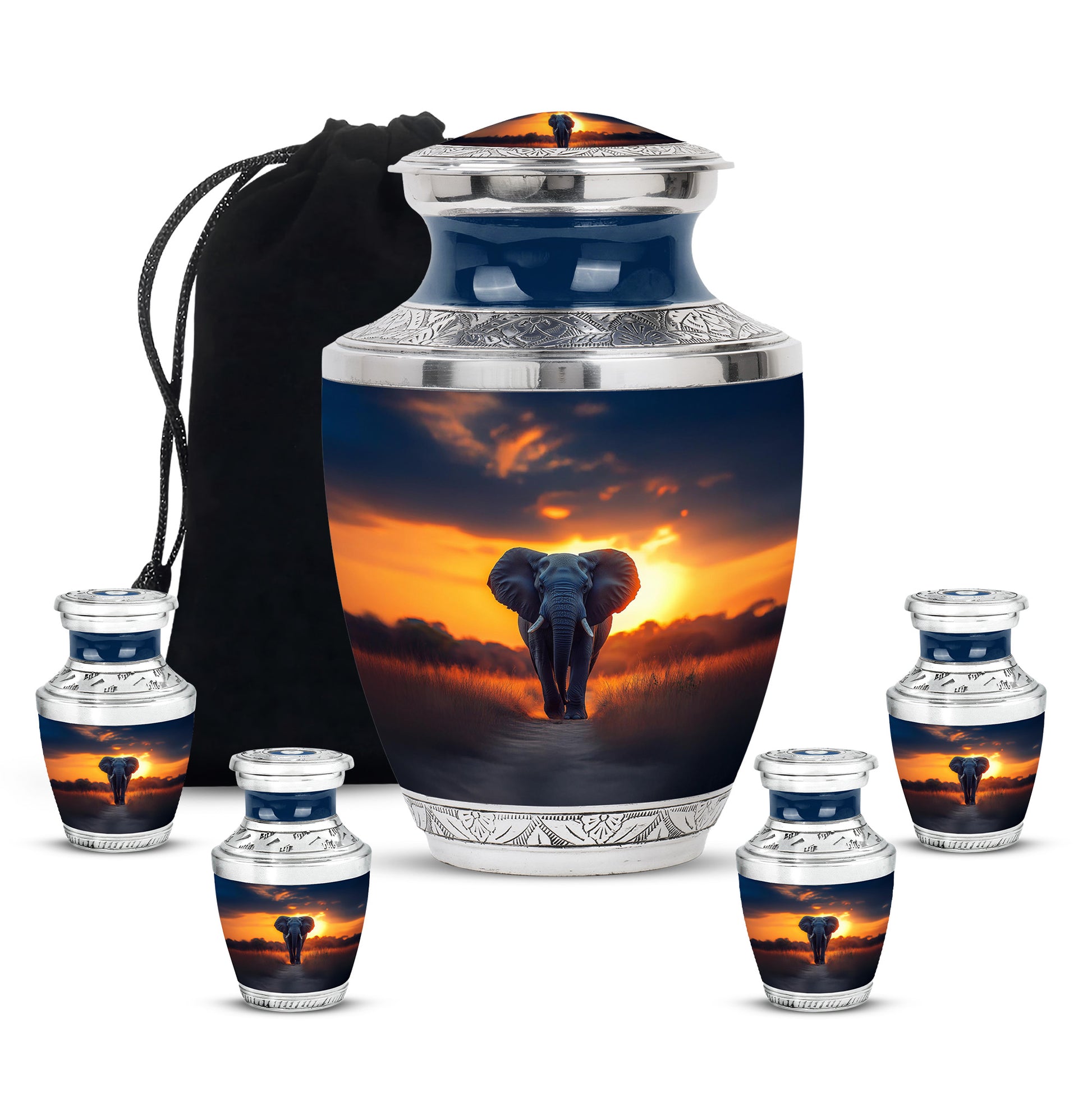 Misty Blue Elephant Cremation Urn lifestyle display on memorial shelf - contemporary elephant design with modern artistic flair - memorial set with one large and four small urns
