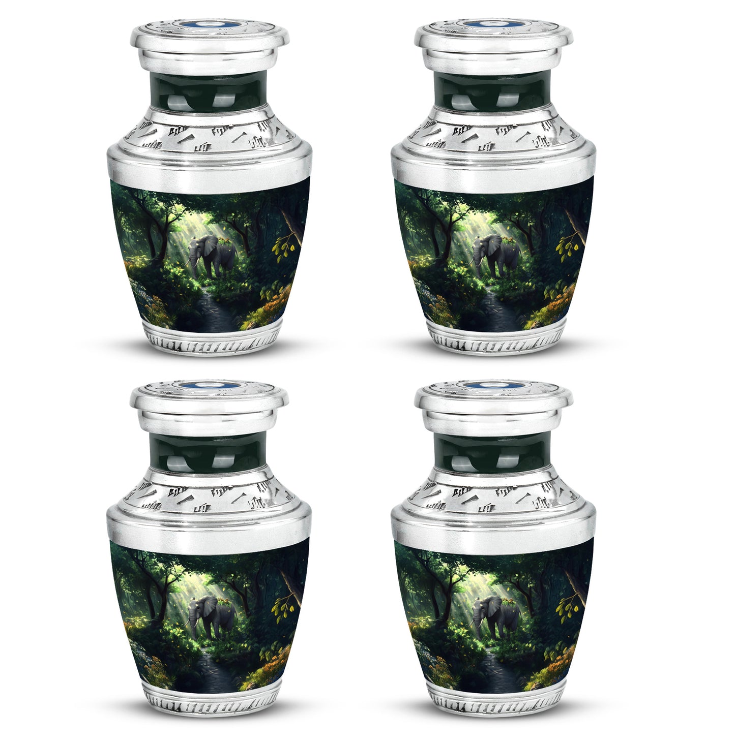 Vivid Teal Elephant Cremation Urn back view with polished surface - artistic elephant interpretation with creative detail - 10 inch aluminum urn for cremated remains