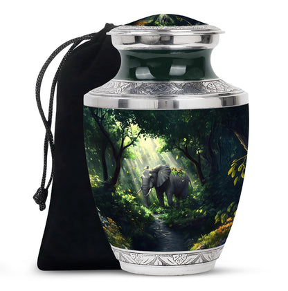 Vivid Teal Elephant Cremation Urn side profile showing urn shape - stylized abstract elephant pattern with bold lines - full-size 10 inch 200 cubic inch adult cremation urn