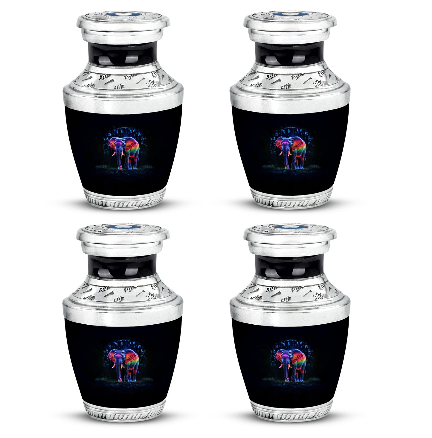 Rich Black Elephant Cremation Urn back view with polished surface - modern art-inspired elephant motif on sleek aluminum - 10 inch aluminum urn for cremated remains